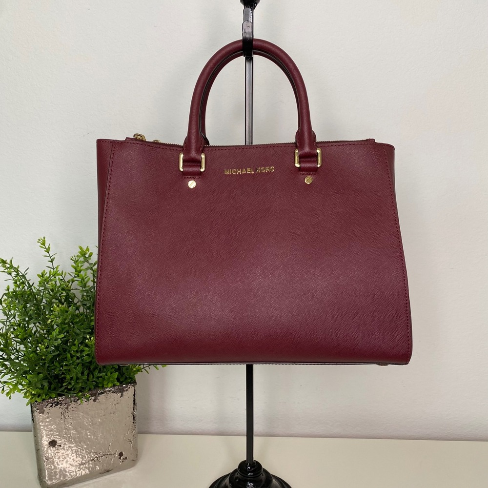 Michael Kors Sutton Large Satchel Burgundy Merlot Saffiano Leather Handbag